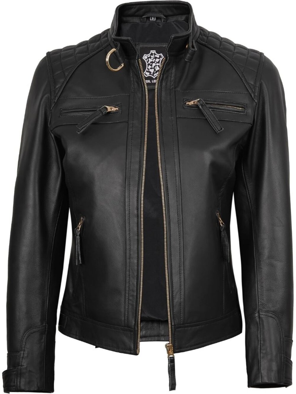 Women’s Black Golden Leather Cafe Racer Motorcycle Biker Jacket
